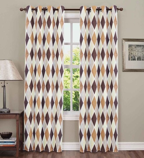 Coffee Polyester Geometric 7Ft Semisheer Eyelet Door Curtain (1 Pc)
