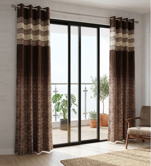 Coffee Silk Abstract 9Ft Light Filtering Eyelet Long Door Curtain