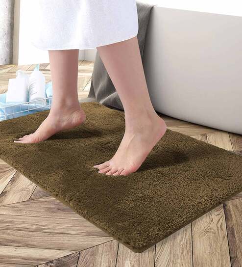 Olive Solid Microfibre 30x18 Inches AntiSkid Bath Mat by Luxe Home International