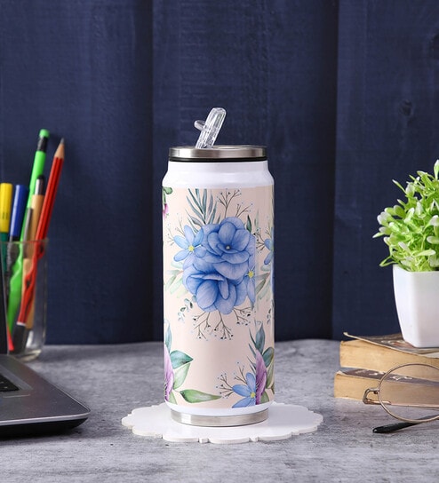 Stainless Steel Sipper Water  Bottle With Beige & Blue Floral Print