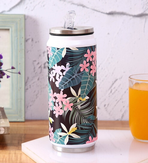 Stainless Steel Sipper Water  Bottle With Black & Green Print