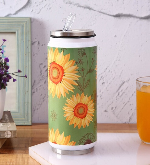 Stainless Steel Sipper Water  Bottle With Green & Sunflower Print