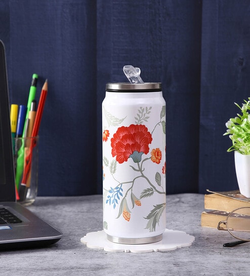 Stainless Steel Sipper Water  Bottle With White & Red Floral Print