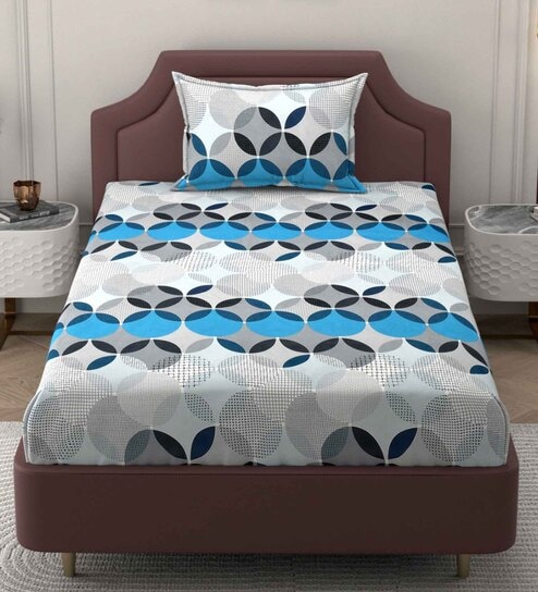 Blue Geometric 250 TC Microfiber Single Bed Soft Microfiber Printed Bedsheet With 1 Pillow Cover