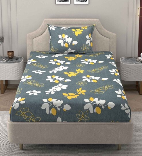 bromwick Grey Floral 250 TC Microfiber Single Bed Soft Microfiber Printed Bedsheet With 1 Pillow Cover-picture-11