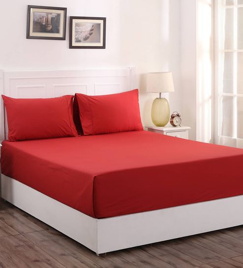 Red Solid 200 TC Cotton 1 Double King Size Bedsheet with 2 Pillow Covers