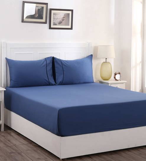 Blue Solid 300 TC Cotton 1 Double Bedsheet with 2 Pillow Covers