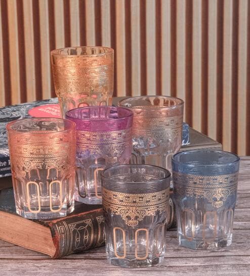 Colored Glass Morrocco Tumbler with Gold Print (Set of 6pcs)