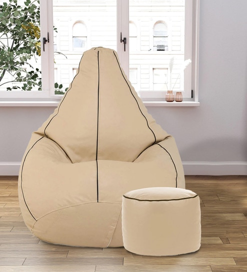 Combo Classic XXXL Leatherette Bean Bag with Beans in Brown piping & Cream Colour with Pouffe