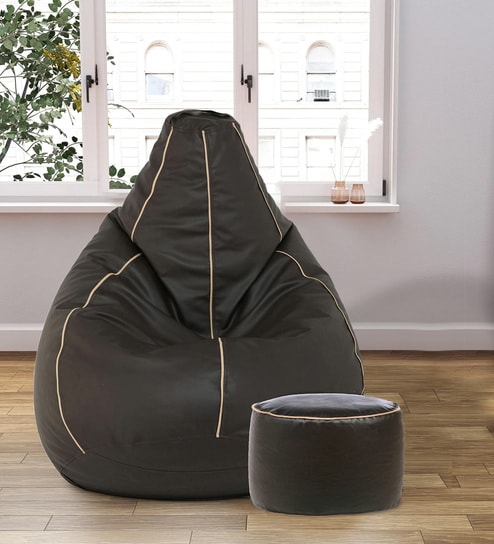 Combo Classic XXXL Leatherette Bean Bag with Beans in cream piping & Brown Colour with Pouffe