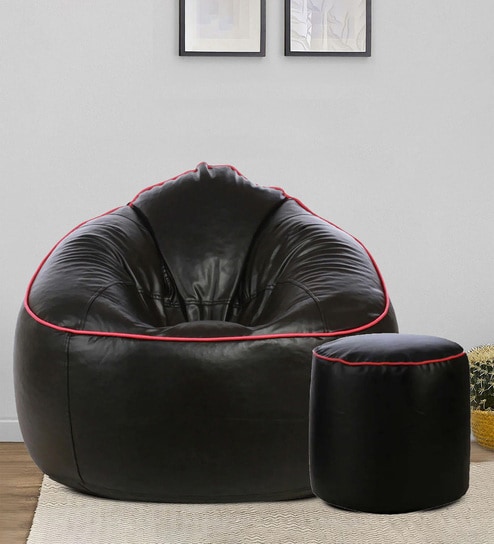 Combo Muddha Leatherette Bean Bag with Beans in Pink Piping & Black Colour with Pouffe