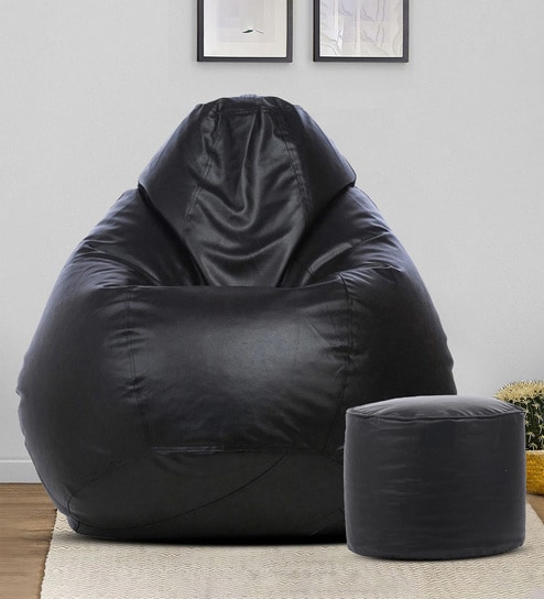 Combo XXXL Leatherette Bean Bag with Beans in Black Colour with Pouffe