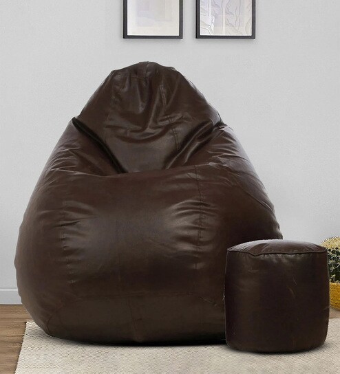 Combo XXXL Leatherette Bean Bag with Beans in Brown Colour with Pouffe