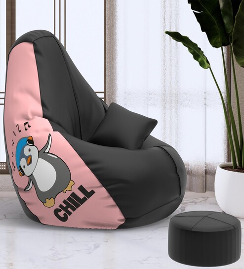 PrintZen  5XL Bean Bag with Beans In Black & Peach with Free Cushion and Footrest