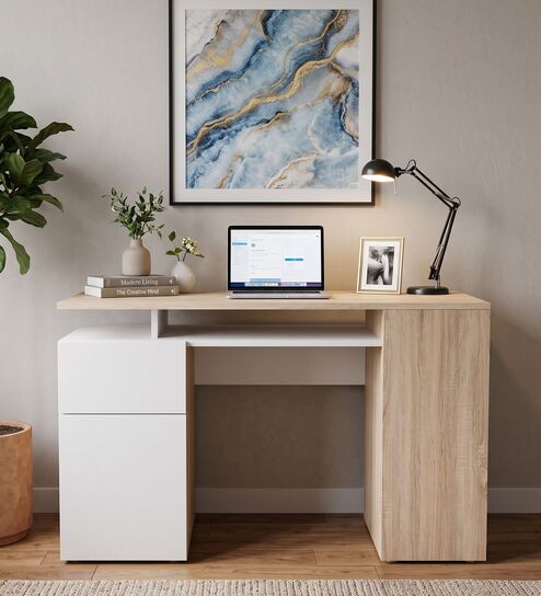 Comino Study Table in Offwhite and Beige Finish