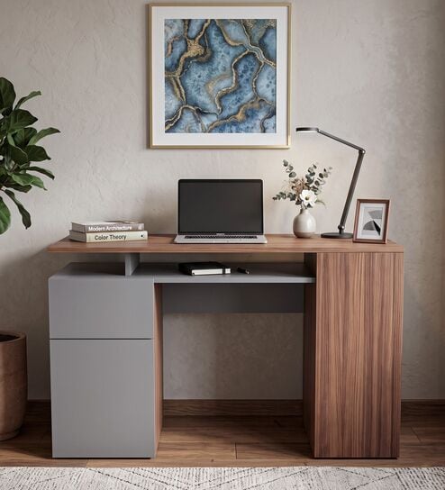 Comino Study Table in Planked Walnut and Grey Finish