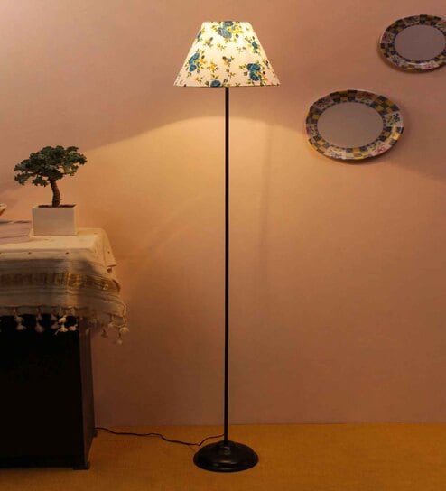 Intricate Multicolour Cotton Fabric Shade Club Floor Lamp With Iron Base