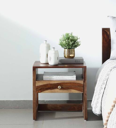 Connell Sheesham Wood Bedside Table In Rustic Teak Finish With Drawer