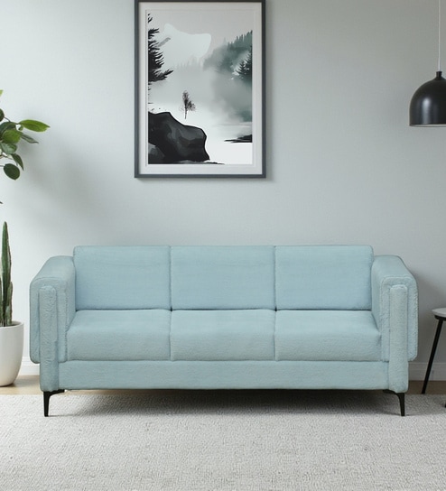 Consalvo Faux Fur Fabric 3 Seater Sofa In Baby Blue Colour