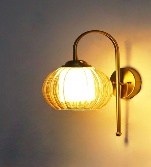 Contemporary Brass Amber Kharbuja Glass Wall Lamp