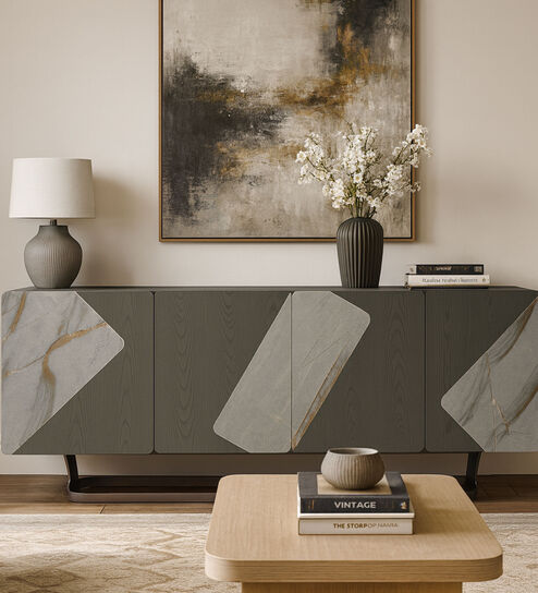 Contemporary Solid Wood Sideboard in Grey Marble Finish
