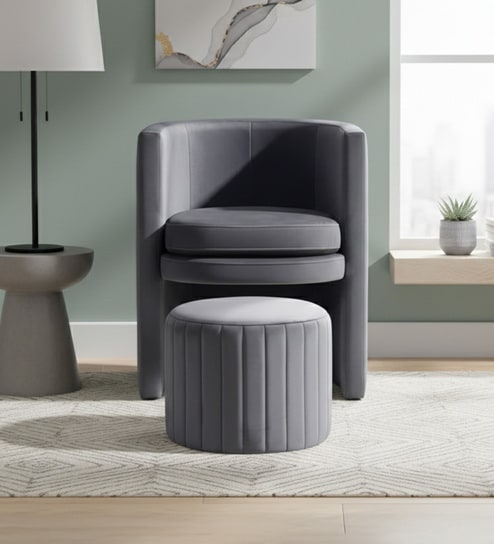 Contemporary Luxe Velvet Fabric Barrel Chair With Ottoman Footrest In Grey Colour
