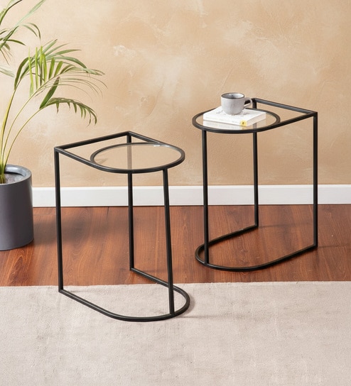 Contemporary Metallic Magazine End Table in Black Finish Set of 2
