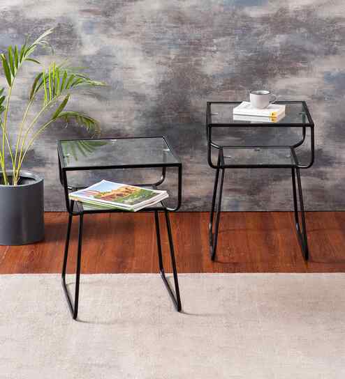 Contemporary Metallic Tiered End Table in Black Finish Set of 2