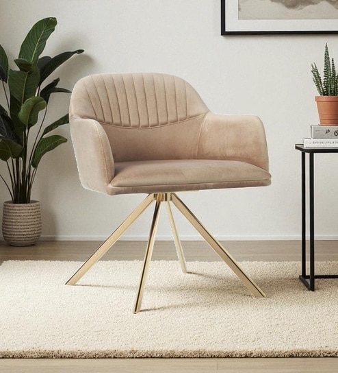 Contemporary Mid-Century Modern Upholstered Swivel Accent Chair with Ribbed Backrest and Sleek Metal Legs in Brown Colour