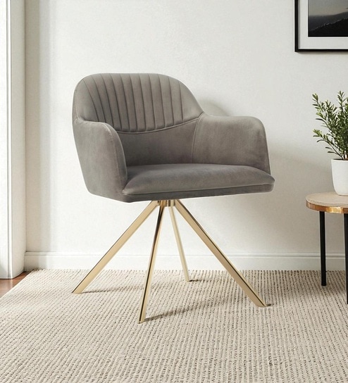 Contemporary Mid-Century Modern Upholstered Swivel Accent Chair with Ribbed Backrest and Sleek Metal Legs in Grey Colour