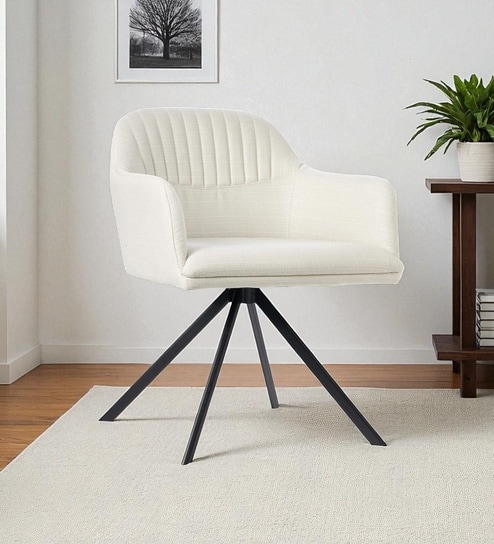 Contemporary Mid-Century Modern Upholstered Swivel Accent Chair with Ribbed Backrest and Sleek Metal Legs in White Colour