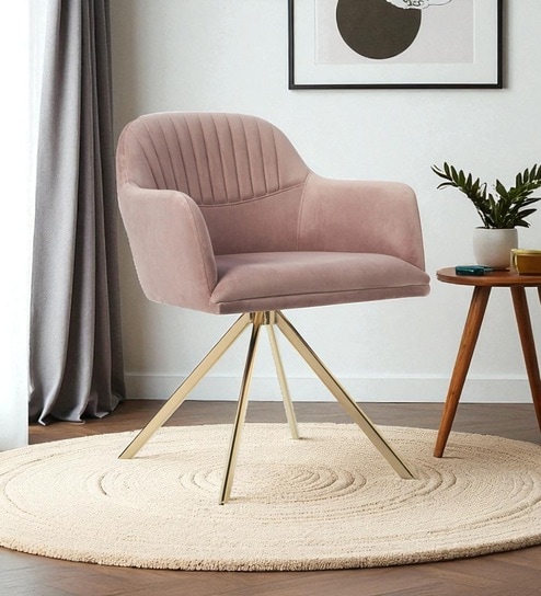 Contemporary Mid-Century Modern Upholstered Swivel Accent Chair with Ribbed Backrest and Sleek Metal Legs in Soft PinkColour