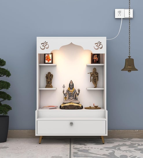 Contemporary White Wooden Floor Pooja Mandir with Open Shelves Om Engraving With Storage Drawer