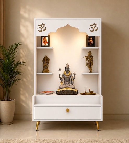 Contemporary White Wooden Floor Pooja Mandir with Open Shelves Om Engraving With Storage Drawer