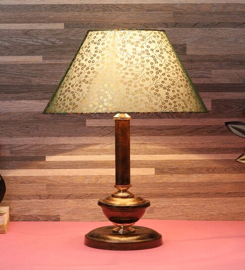 Copper Metal & Cotton Green & Gold Colour Table Lamp