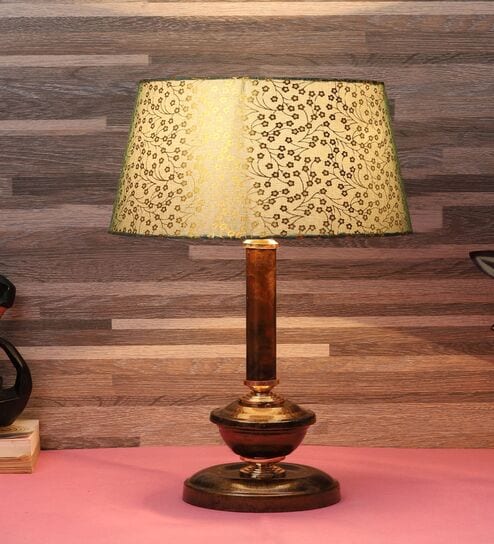 Copper Metal & Cotton Green & Gold Colour Table Lamp