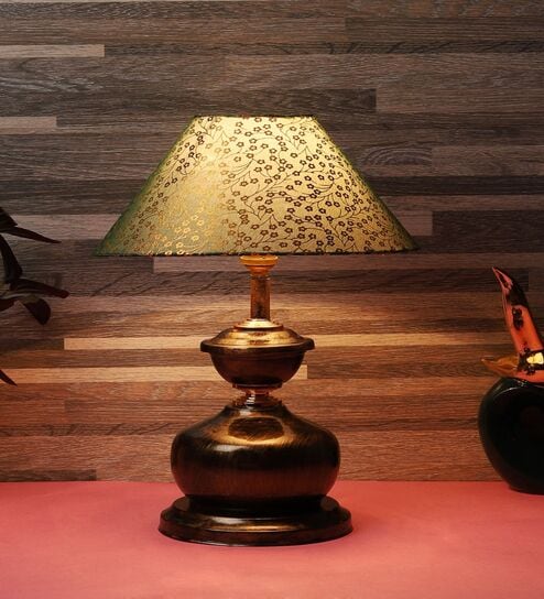 Copper Metal & Cotton Green & Gold Colour Table Lamp