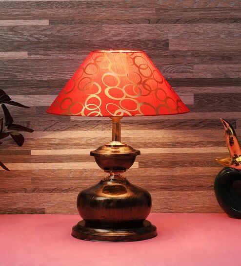 Copper Metal & Cotton Red & Gold Colour Table Lamp