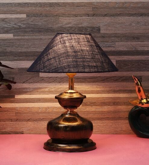 Copper Metal & Natural Fiber Blue Colour Table Lamp