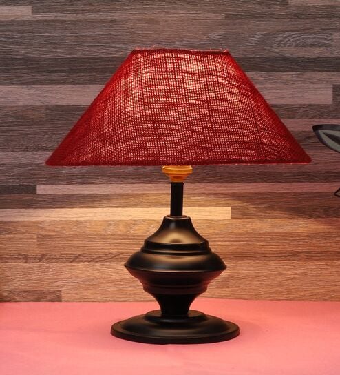 Copper Metal & Natural Fiber Maroon Colour Table Lamp