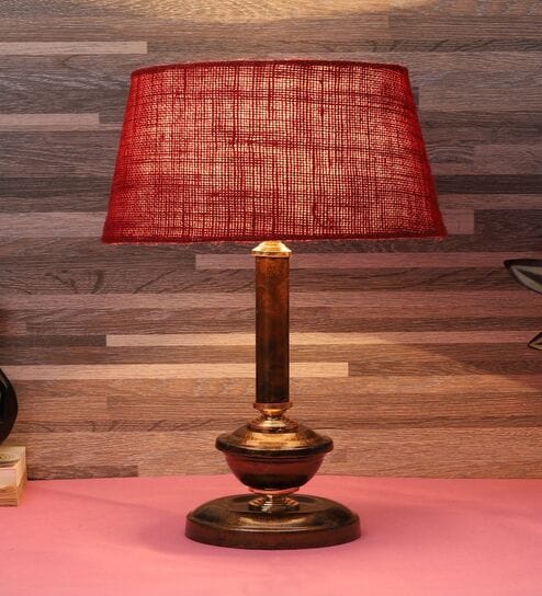 Copper Metal & Natural Fiber Maroon Colour Table Lamp