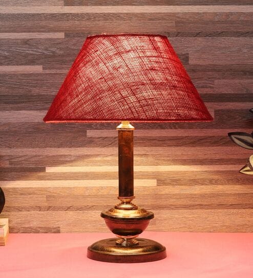 Copper Metal & Natural Fiber Maroon Colour Table Lamp