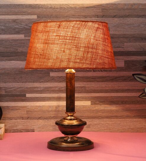 Copper Metal & Natural Fiber Mustard Colour Table Lamp