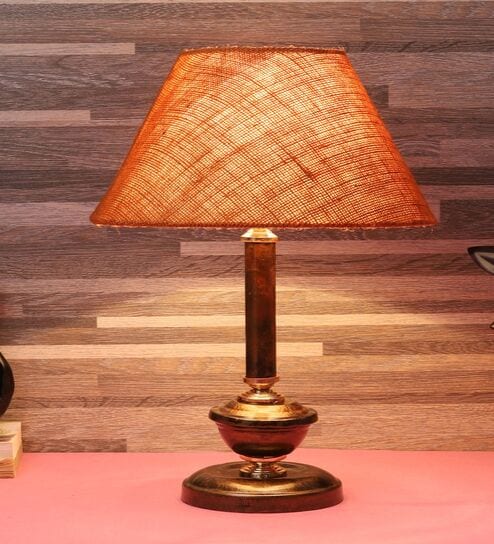 Copper Metal & Natural Fiber Mustard Colour Table Lamp