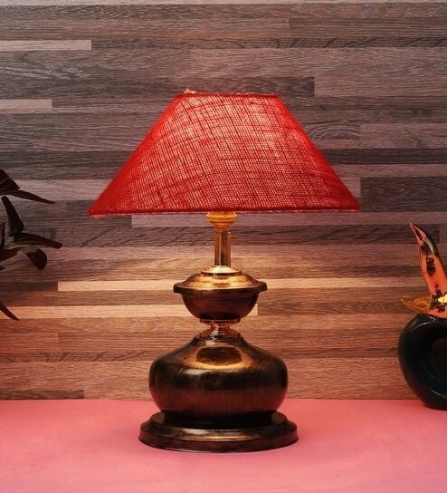 Copper Metal & Natural Fiber Red Colour Table Lamp