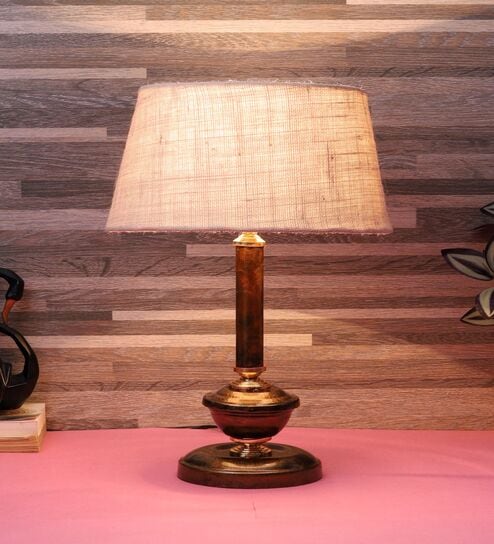 Copper Metal & Natural Fiber White Colour Table Lamp