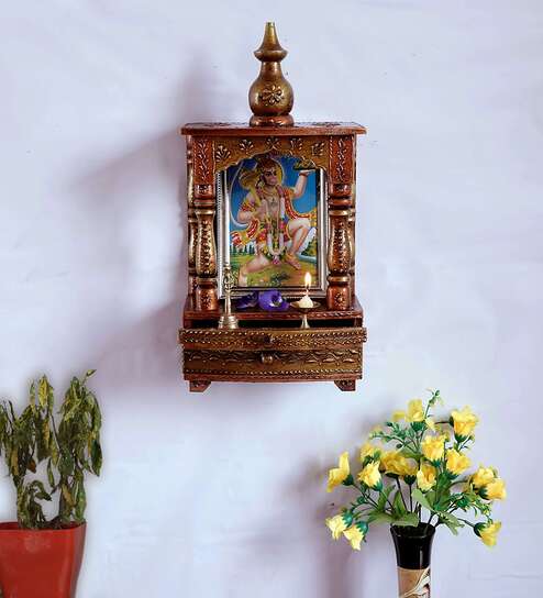 Copper Wood Wall Mounted Mandir Without Door