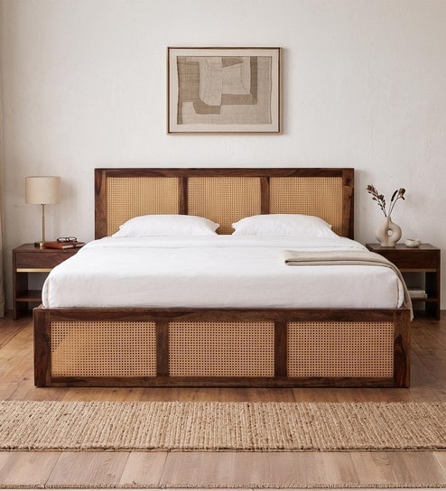 Coral Cane King Size Bed In Sheesham Wood Finish With Hydraulic Storage