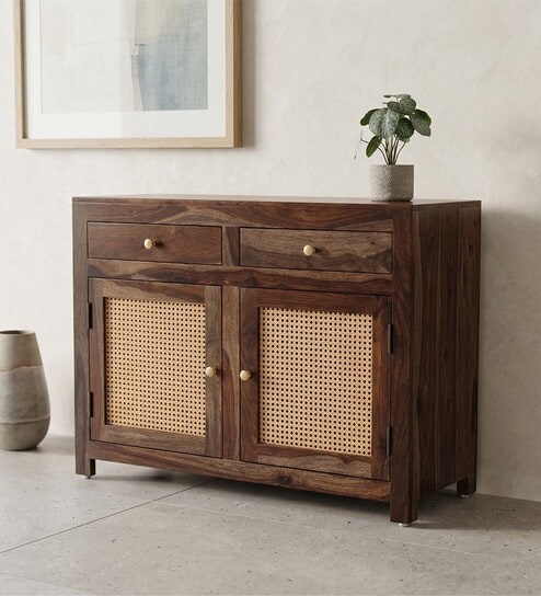 Coral Cane Wooden 2 Door Side Board In Brown Finish