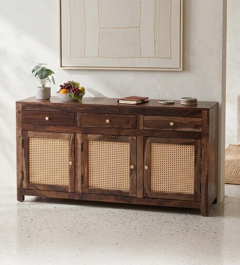 Coral Cane Wooden 3 Door Side Board In Brown Finish